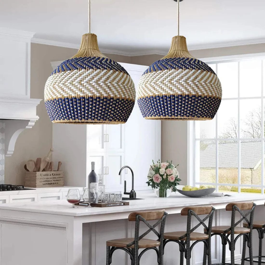 Suspension Rotin Bleu